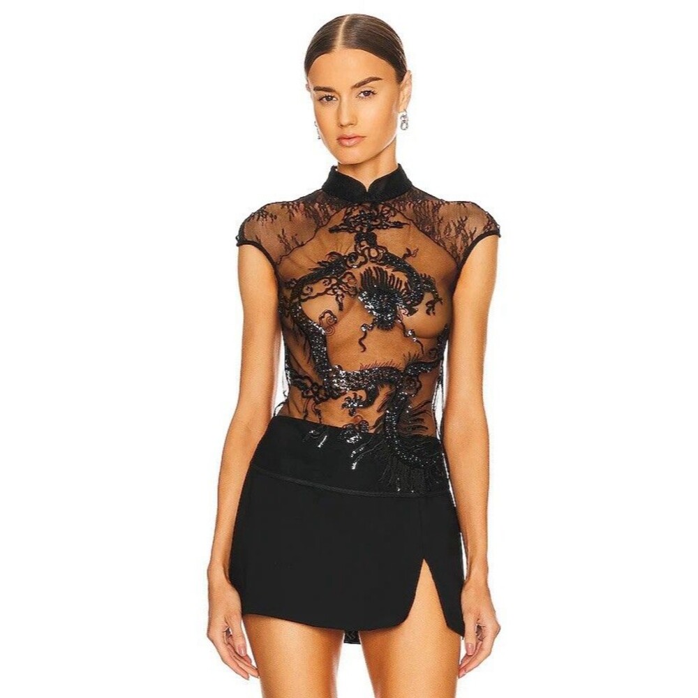 Kim Shui Beaded Dragon Lace Top Size M Black Sheer Mesh Y2K Style Open Back Tie - Picture 3 of 16